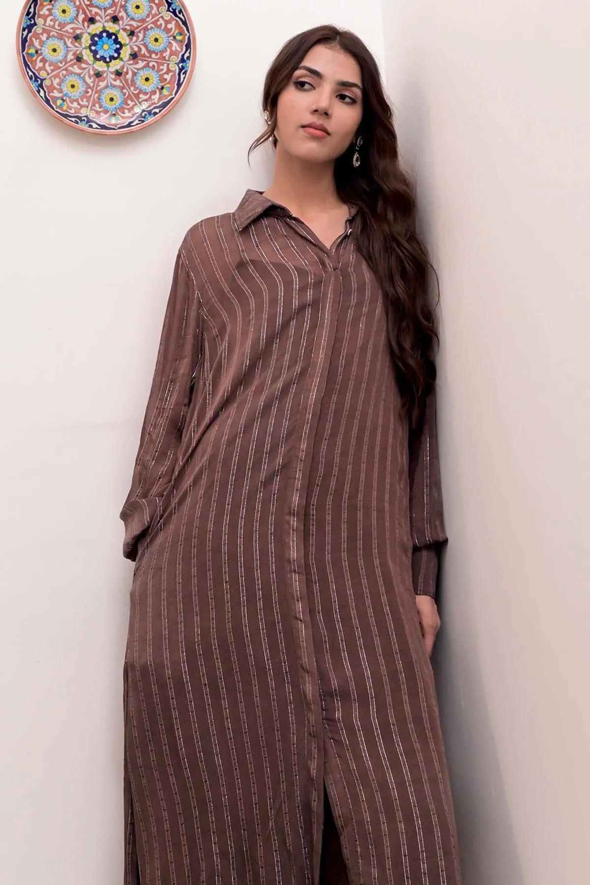 Brown Placket Shirt Dress & Slip