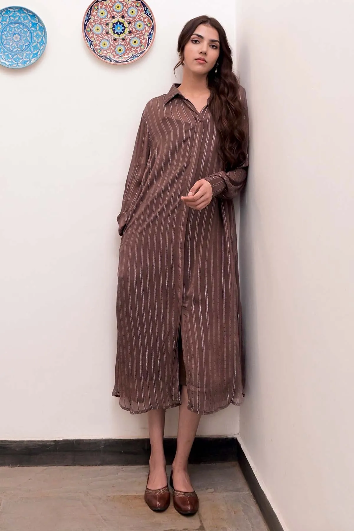 Brown Placket Shirt Dress & Slip