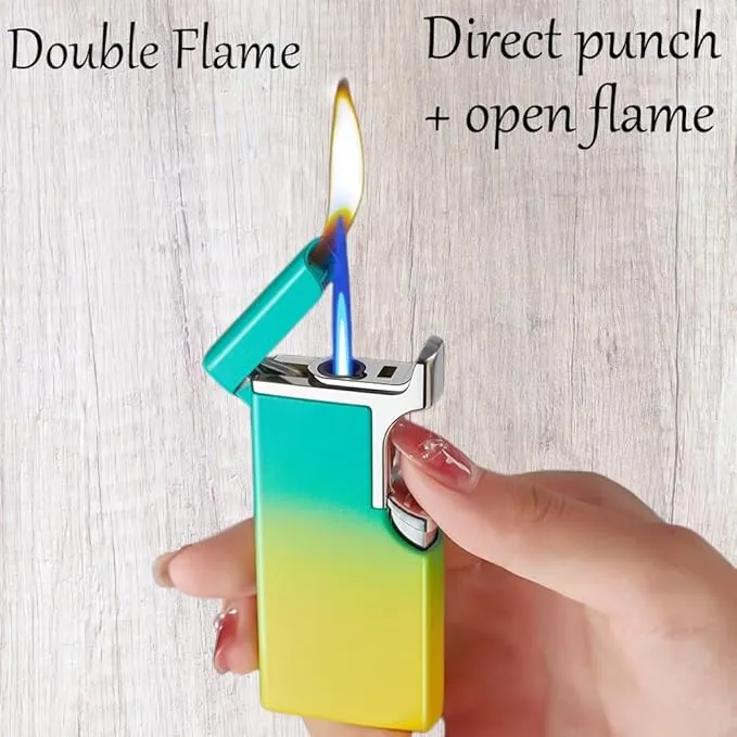 Butane Lighter Cool Lighters Dual Flame Lighter Windproof Lighter Cool Inflatable Blue Flame Candle Kitchen Barbecue Men's Camping Gifts (Without Butane)