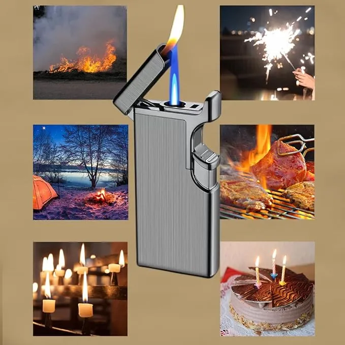 Butane Lighter Cool Lighters Dual Flame Lighter Windproof Lighter Cool Inflatable Blue Flame Candle Kitchen Barbecue Men's Camping Gifts (Without Butane)