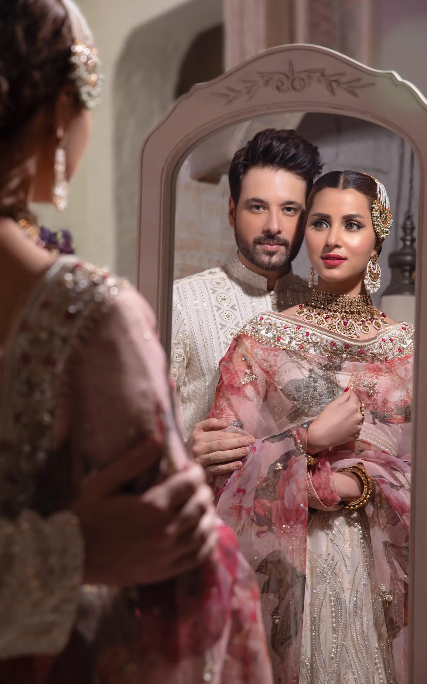 Classic Gold and Pink Lehenga with Choli and Dupatta Pakistani Bridal Dress in Floral Lehenga Choli Style #BS642