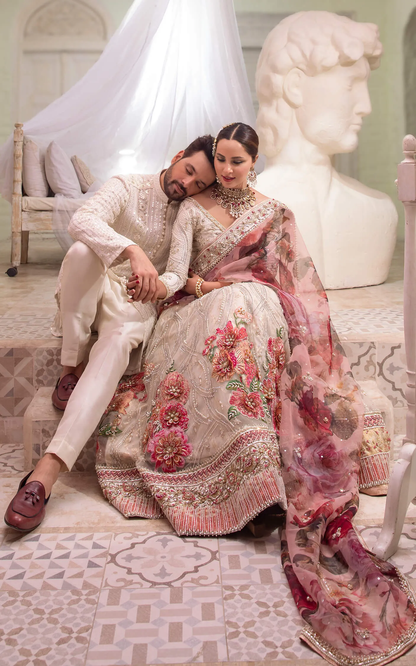Classic Gold and Pink Lehenga with Choli and Dupatta Pakistani Bridal Dress in Floral Lehenga Choli Style #BS642