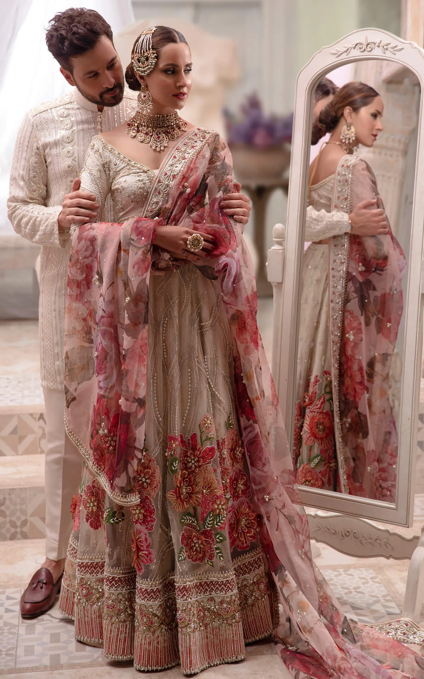 Classic Gold and Pink Lehenga with Choli and Dupatta Pakistani Bridal Dress in Floral Lehenga Choli Style #BS642