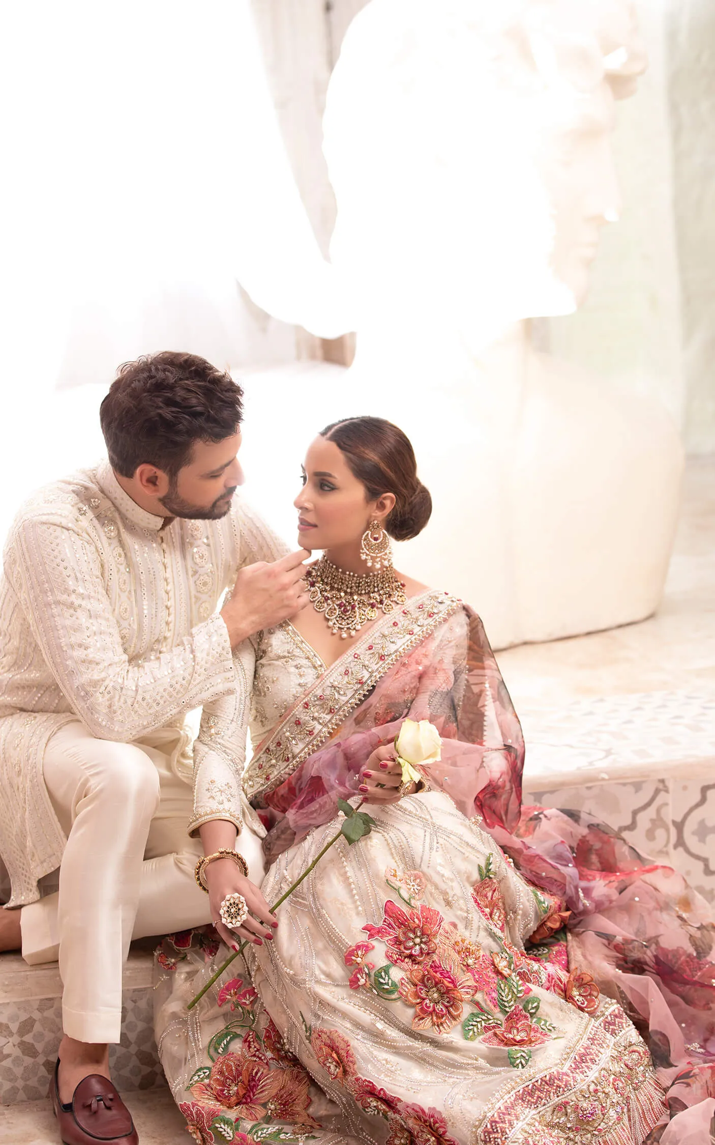 Classic Gold and Pink Lehenga with Choli and Dupatta Pakistani Bridal Dress in Floral Lehenga Choli Style #BS642