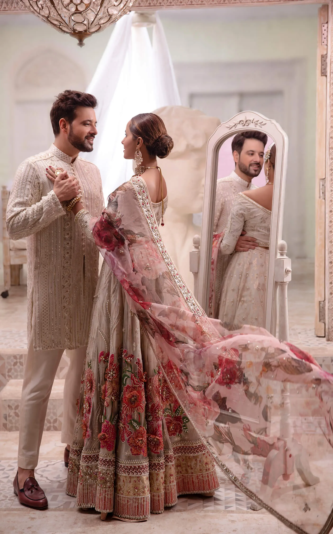 Classic Gold and Pink Lehenga with Choli and Dupatta Pakistani Bridal Dress in Floral Lehenga Choli Style #BS642