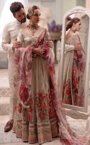 Classic Gold and Pink Lehenga with Choli and Dupatta Pakistani Bridal Dress in Floral Lehenga Choli Style #BS642