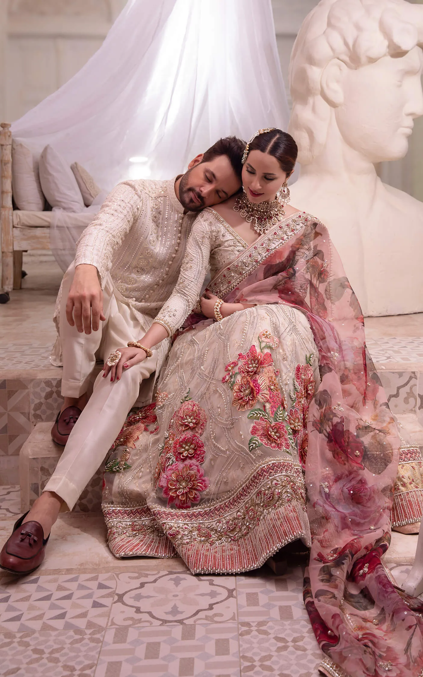 Classic Gold and Pink Lehenga with Choli and Dupatta Pakistani Bridal Dress in Floral Lehenga Choli Style #BS642