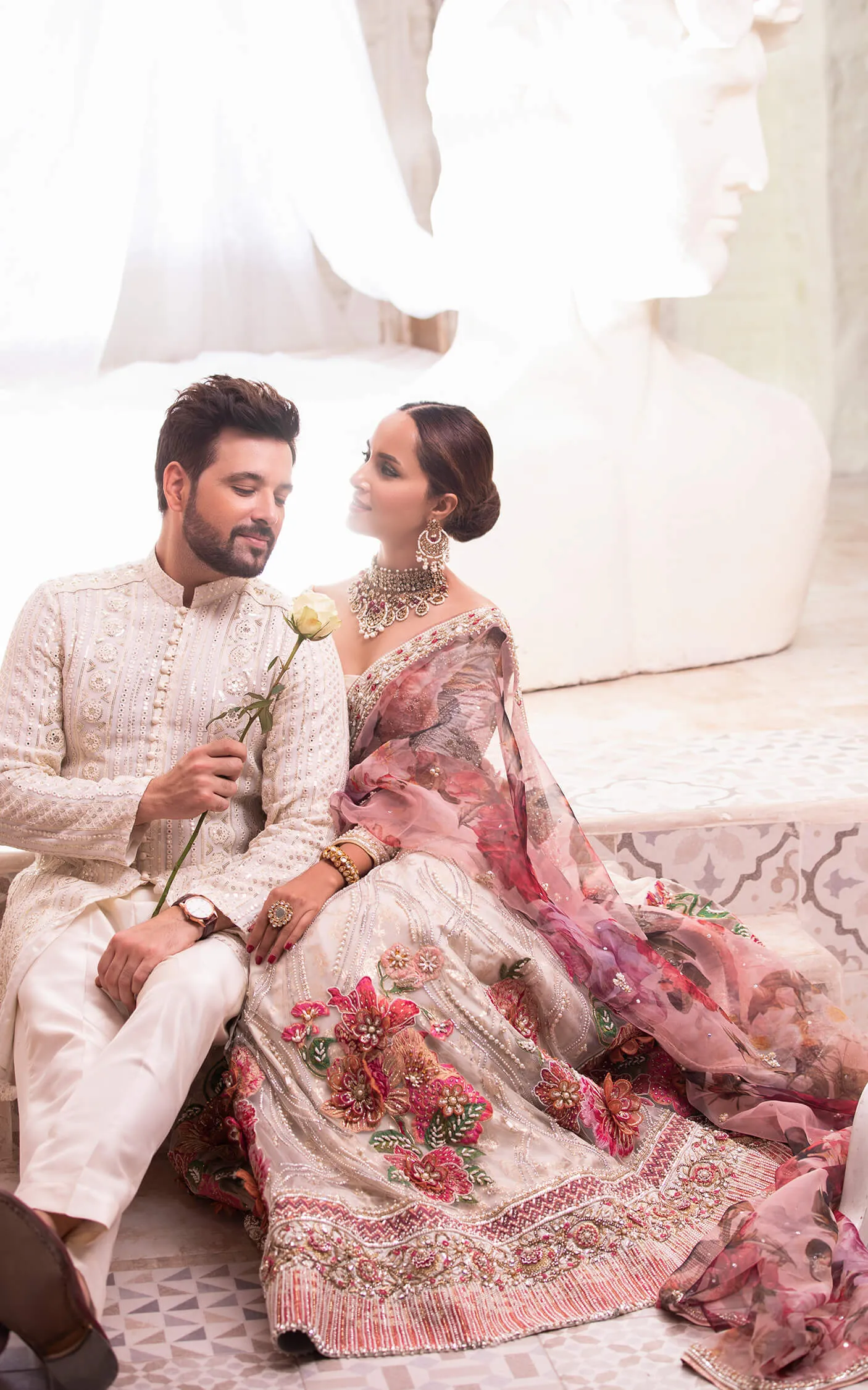Classic Gold and Pink Lehenga with Choli and Dupatta Pakistani Bridal Dress in Floral Lehenga Choli Style #BS642