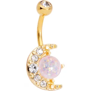 Clear Gem White Faux Opal Gold Tone Night Sky Crescent Moon Belly Ring