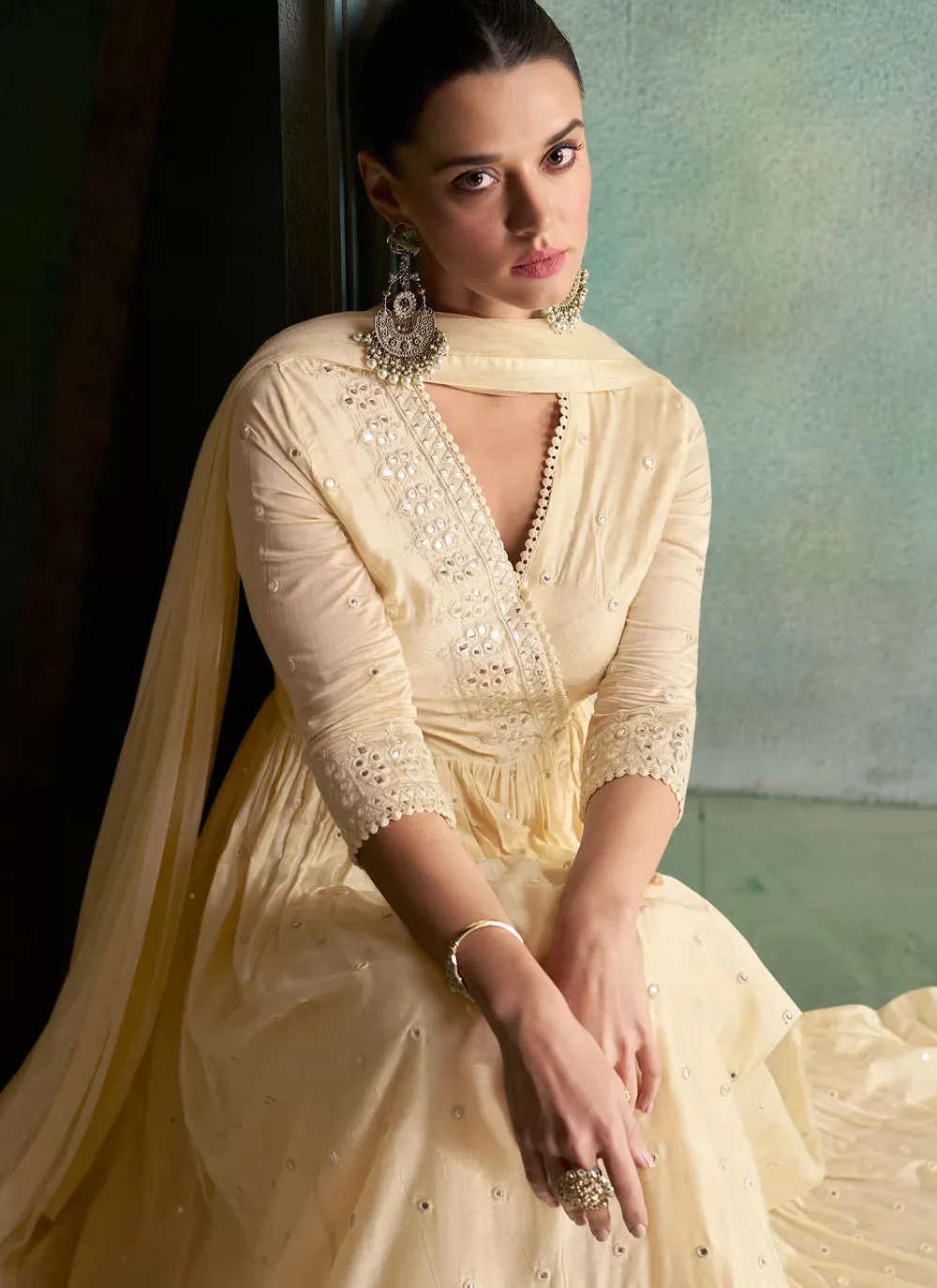 Cream Silk Heavy Embroidered Anarkali Gown