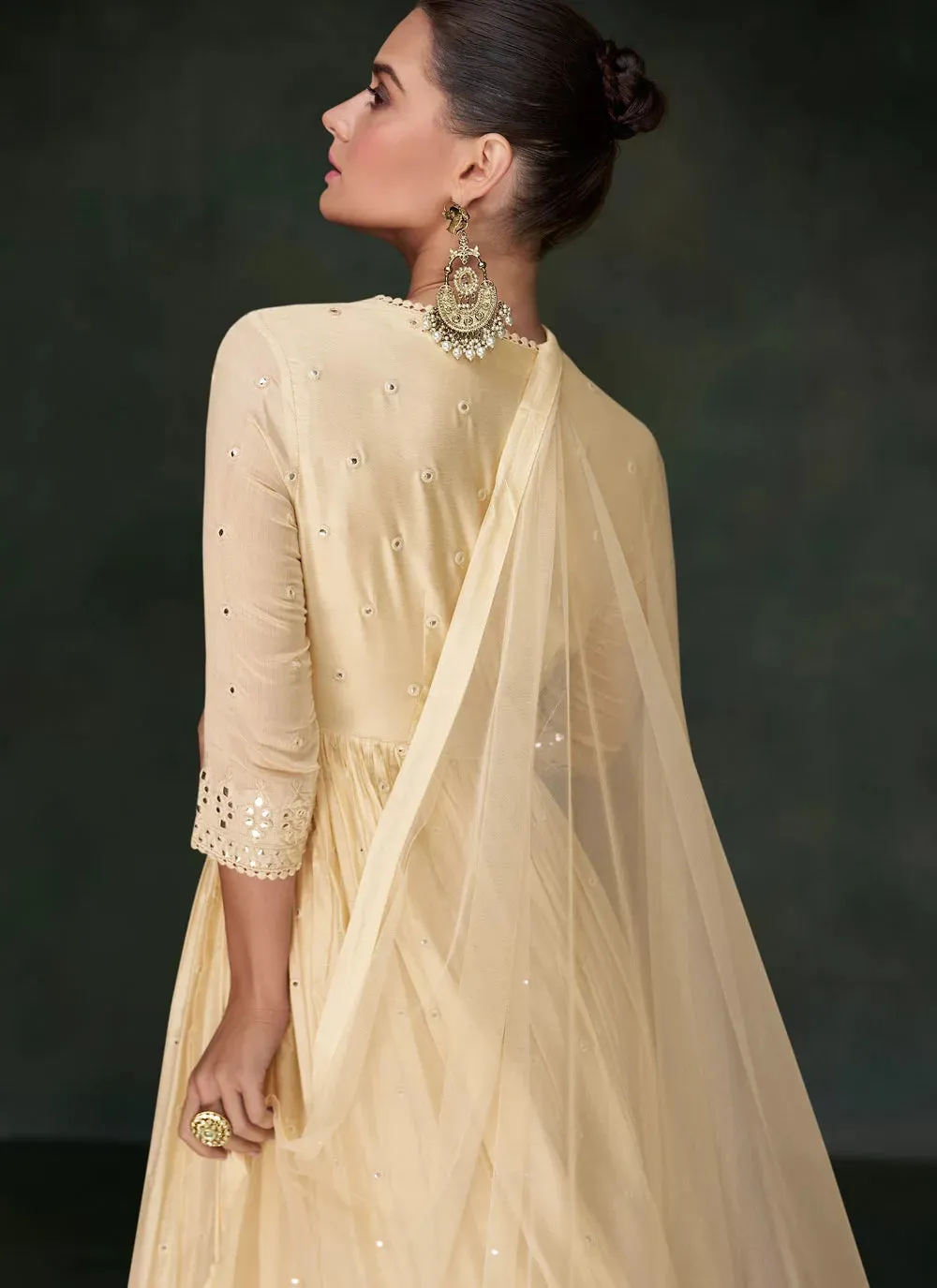 Cream Silk Heavy Embroidered Anarkali Gown