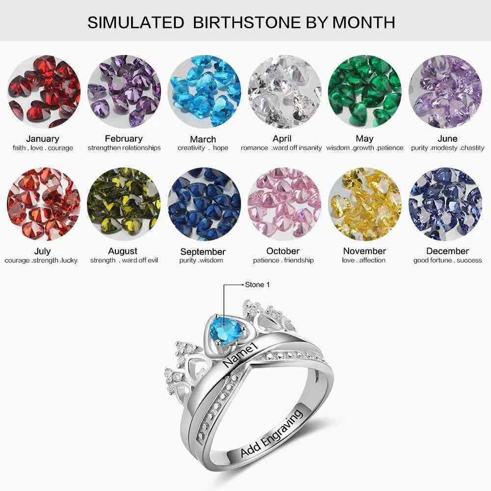 Crown Shaped 925 Sterling Silver Ring with Birthstone Setting in Shape of Heart, Personalized Gift of Love
