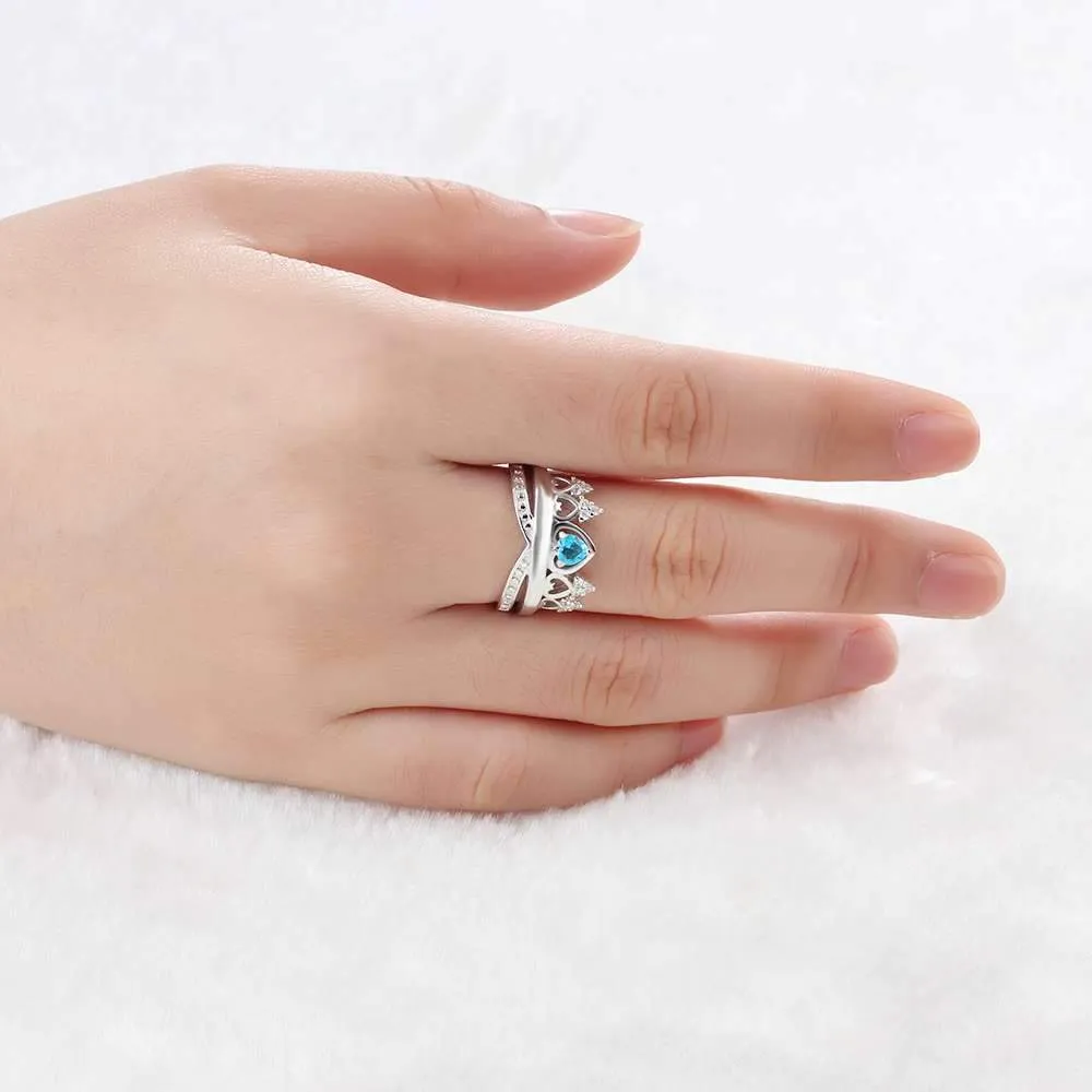 Crown Shaped 925 Sterling Silver Ring with Birthstone Setting in Shape of Heart, Personalized Gift of Love