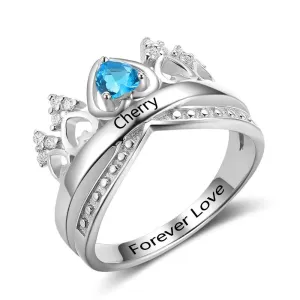 Crown Shaped 925 Sterling Silver Ring with Birthstone Setting in Shape of Heart, Personalized Gift of Love