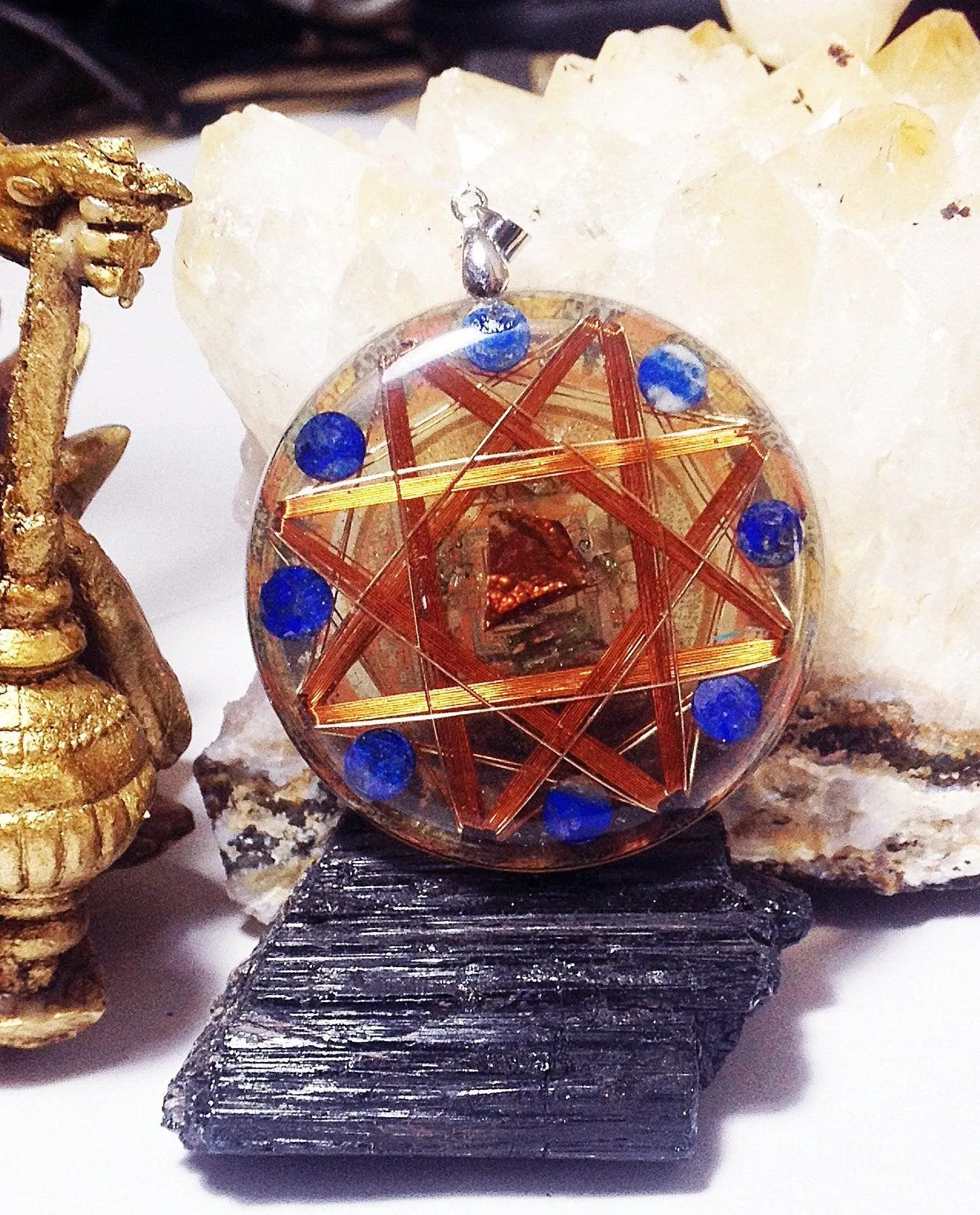Dark Magic Protector Pendant Kalachakra 14k Gold Protective Crystals