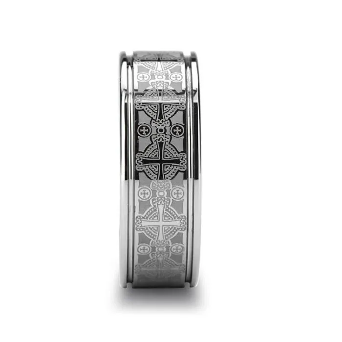 DEACON Flat Grooved Tungsten Ring with Engraved Intricate Cross Pattern - 8mm
