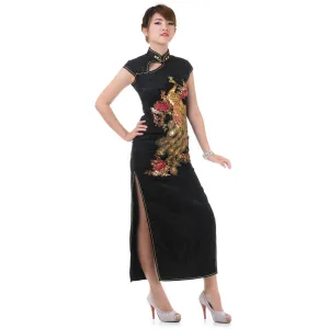 Elegant Black Chinese Qipao Peacock Dress