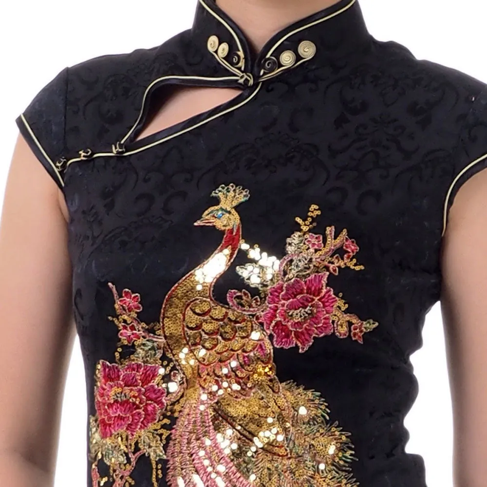 Elegant Black Chinese Qipao Peacock Dress