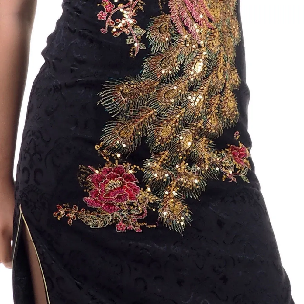 Elegant Black Chinese Qipao Peacock Dress