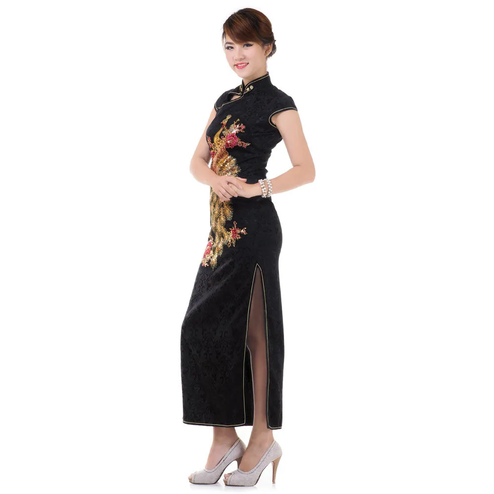 Elegant Black Chinese Qipao Peacock Dress