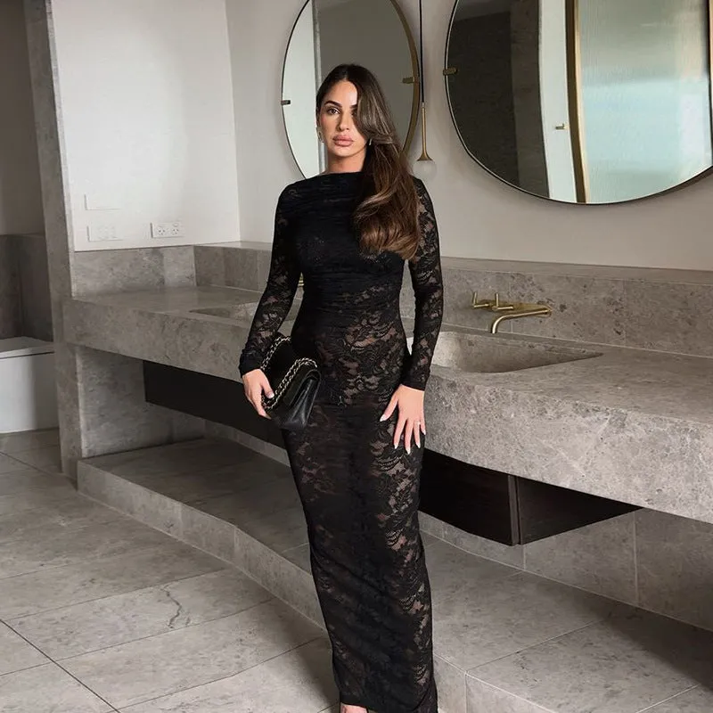 Elegant Full-Length Lace Jacquard Bodycon Dress with Low Back