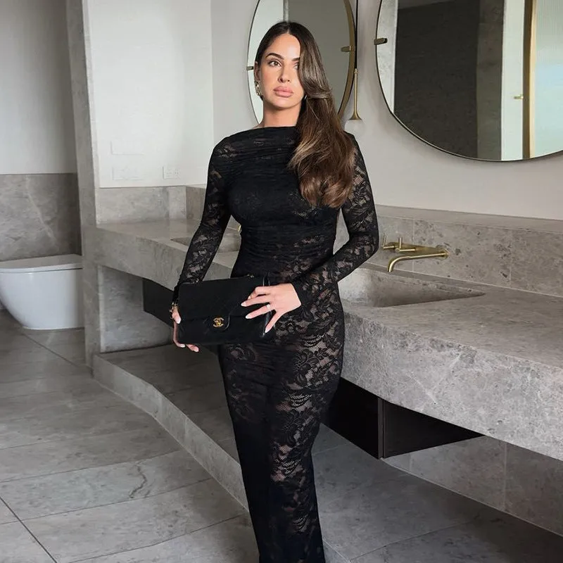 Elegant Full-Length Lace Jacquard Bodycon Dress with Low Back