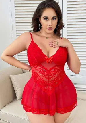 Elegant Lace Mesh Plus Size Babydoll Lingerie with Suspender Design