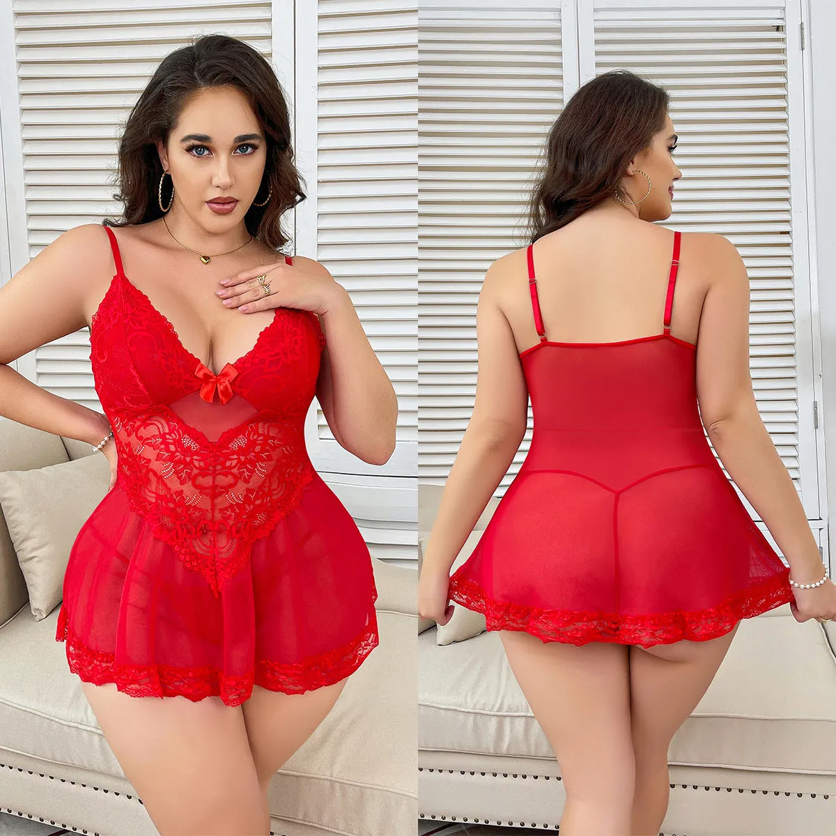 Elegant Lace Mesh Plus Size Babydoll Lingerie with Suspender Design