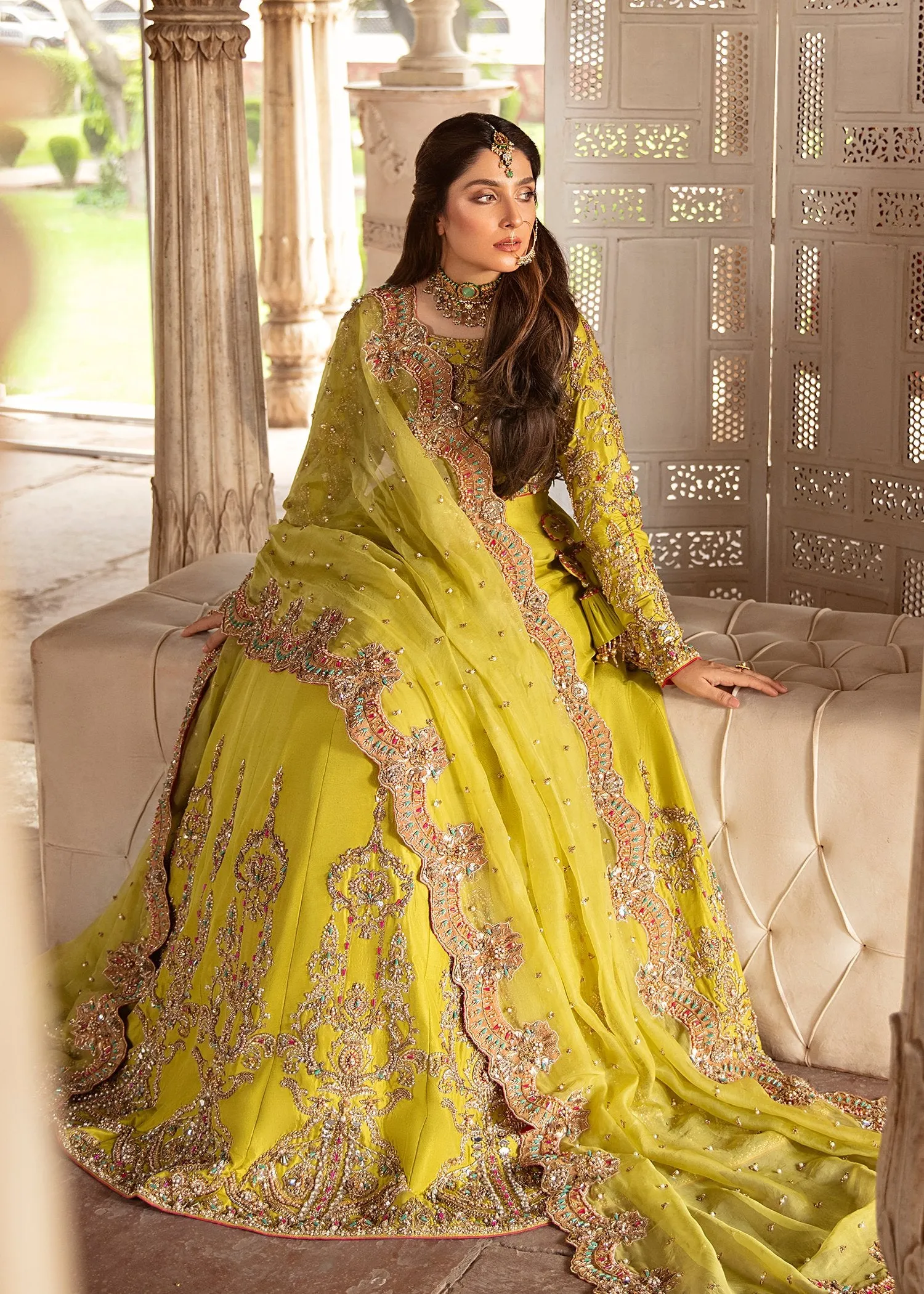 Embellished Royal Green Bridal Dress Pakistani in Premium Raw Silk Lehenga Choli Style Mehndi Dress Online #BS633