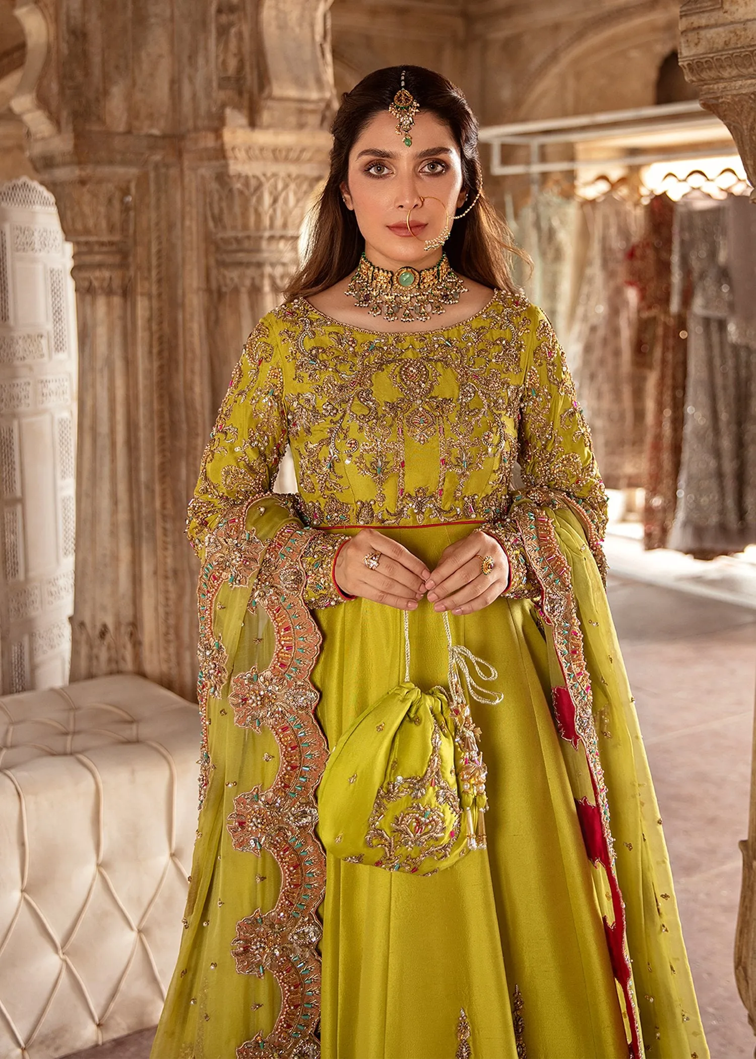 Embellished Royal Green Bridal Dress Pakistani in Premium Raw Silk Lehenga Choli Style Mehndi Dress Online #BS633