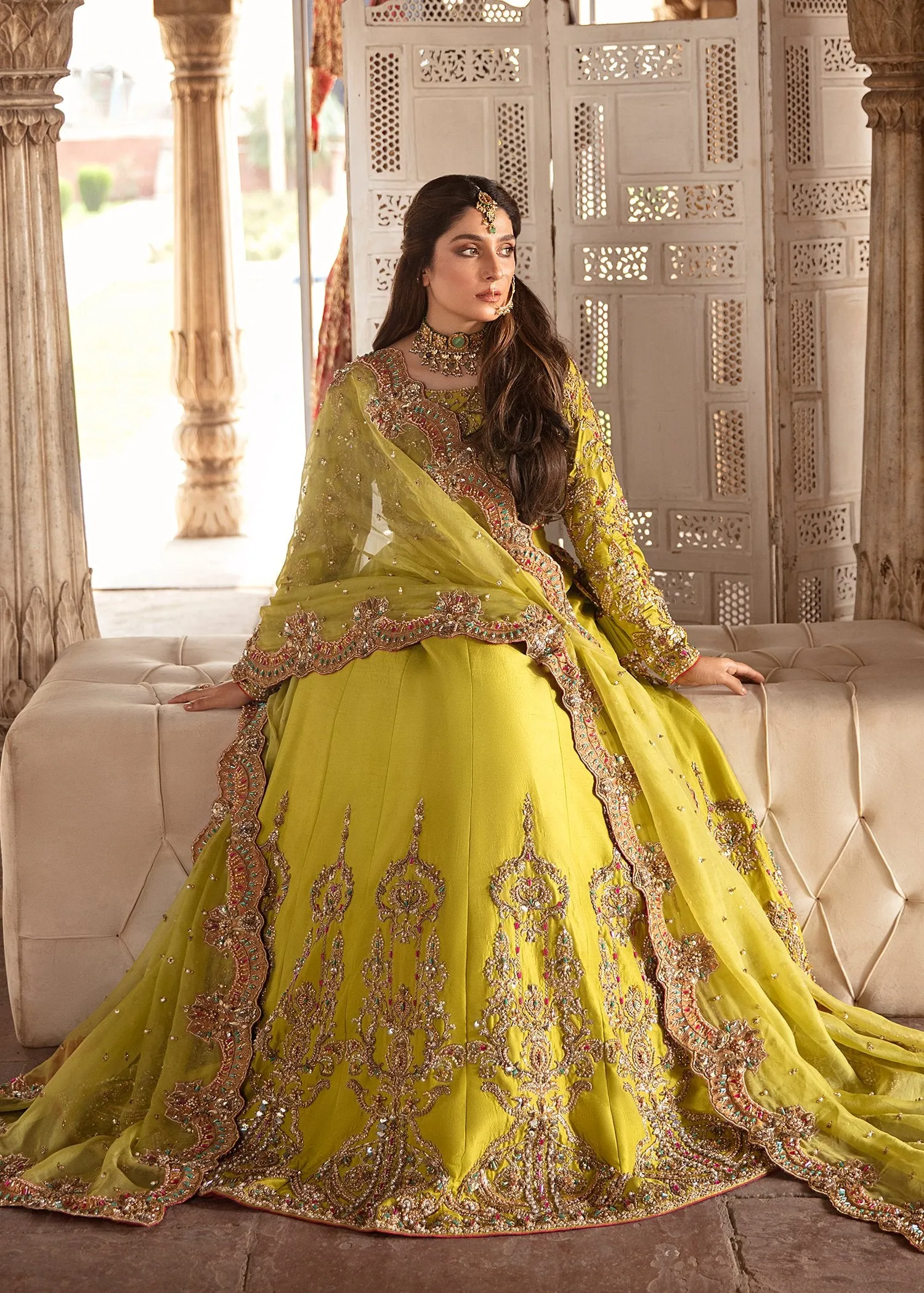 Embellished Royal Green Bridal Dress Pakistani in Premium Raw Silk Lehenga Choli Style Mehndi Dress Online #BS633