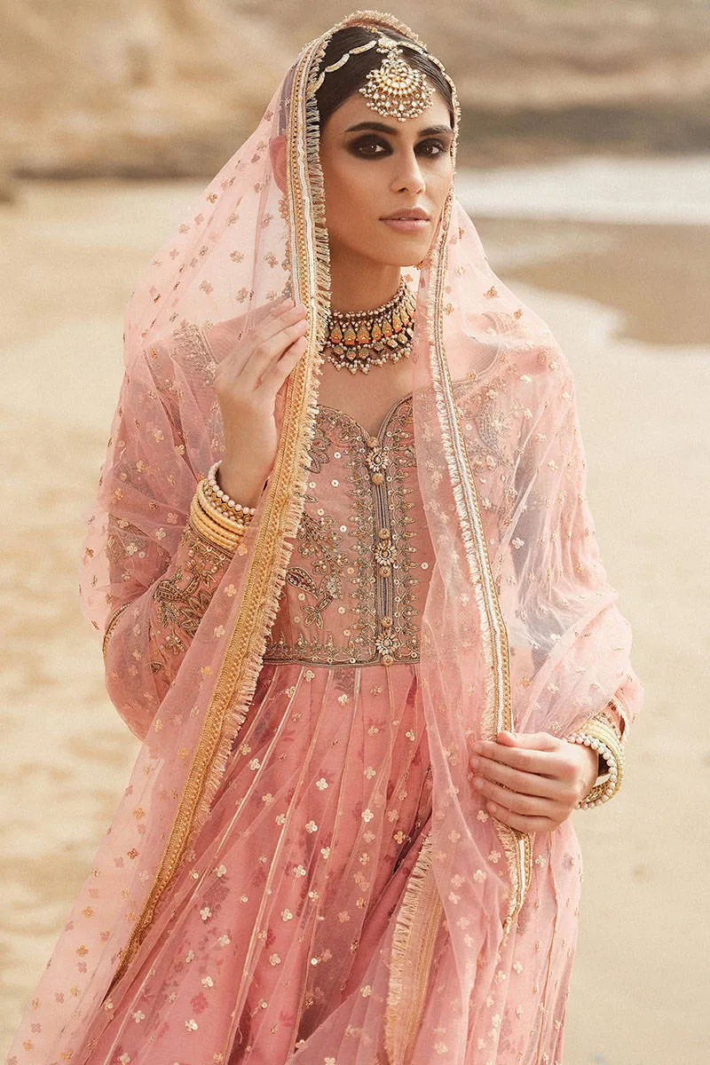 Embroidered Tea Pink Elegant Pakistani Wedding Wear Pishwas Frock