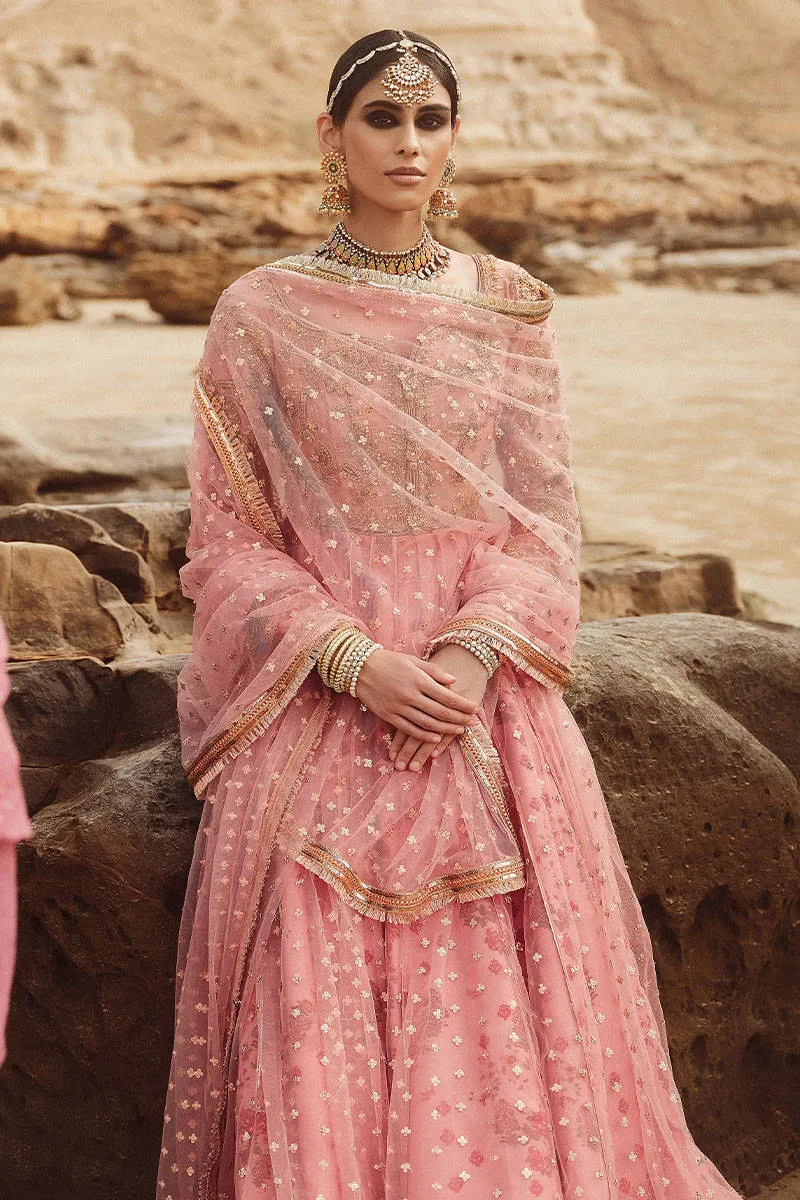 Embroidered Tea Pink Elegant Pakistani Wedding Wear Pishwas Frock