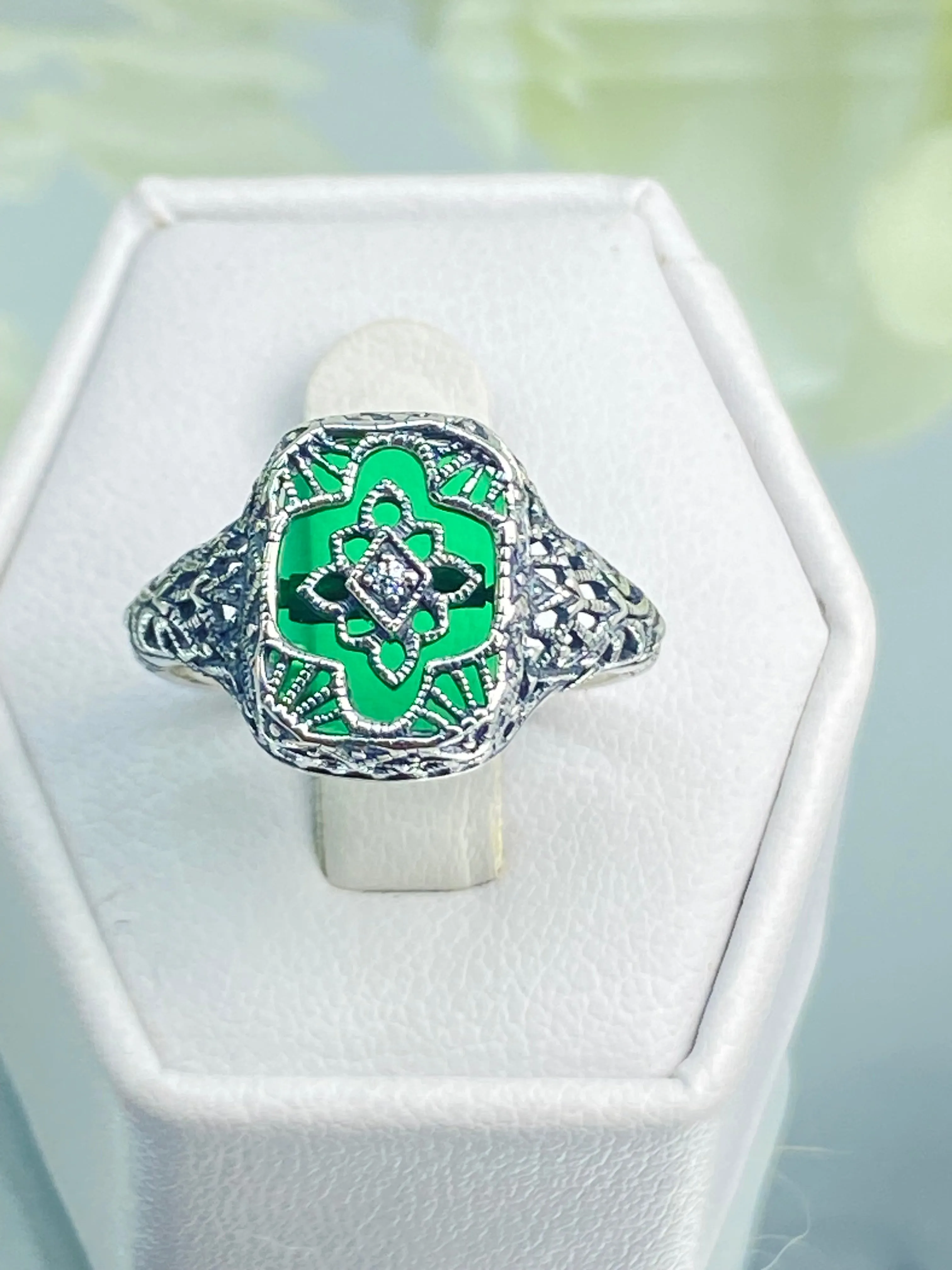 Emerald Glass Ring, Emerald Green Camphor Glass, Art Deco Filigree Jewelry, #D204