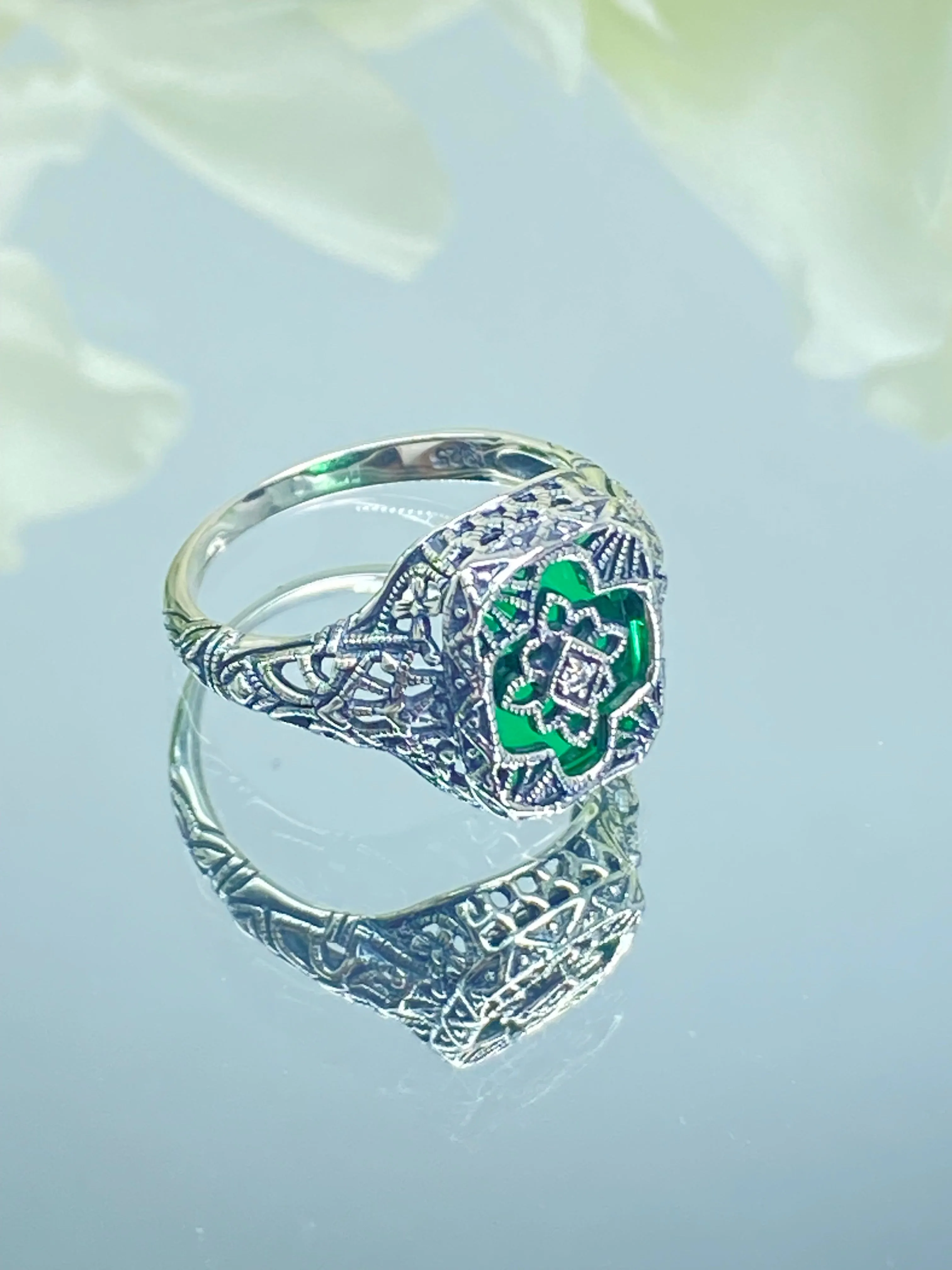 Emerald Glass Ring, Emerald Green Camphor Glass, Art Deco Filigree Jewelry, #D204