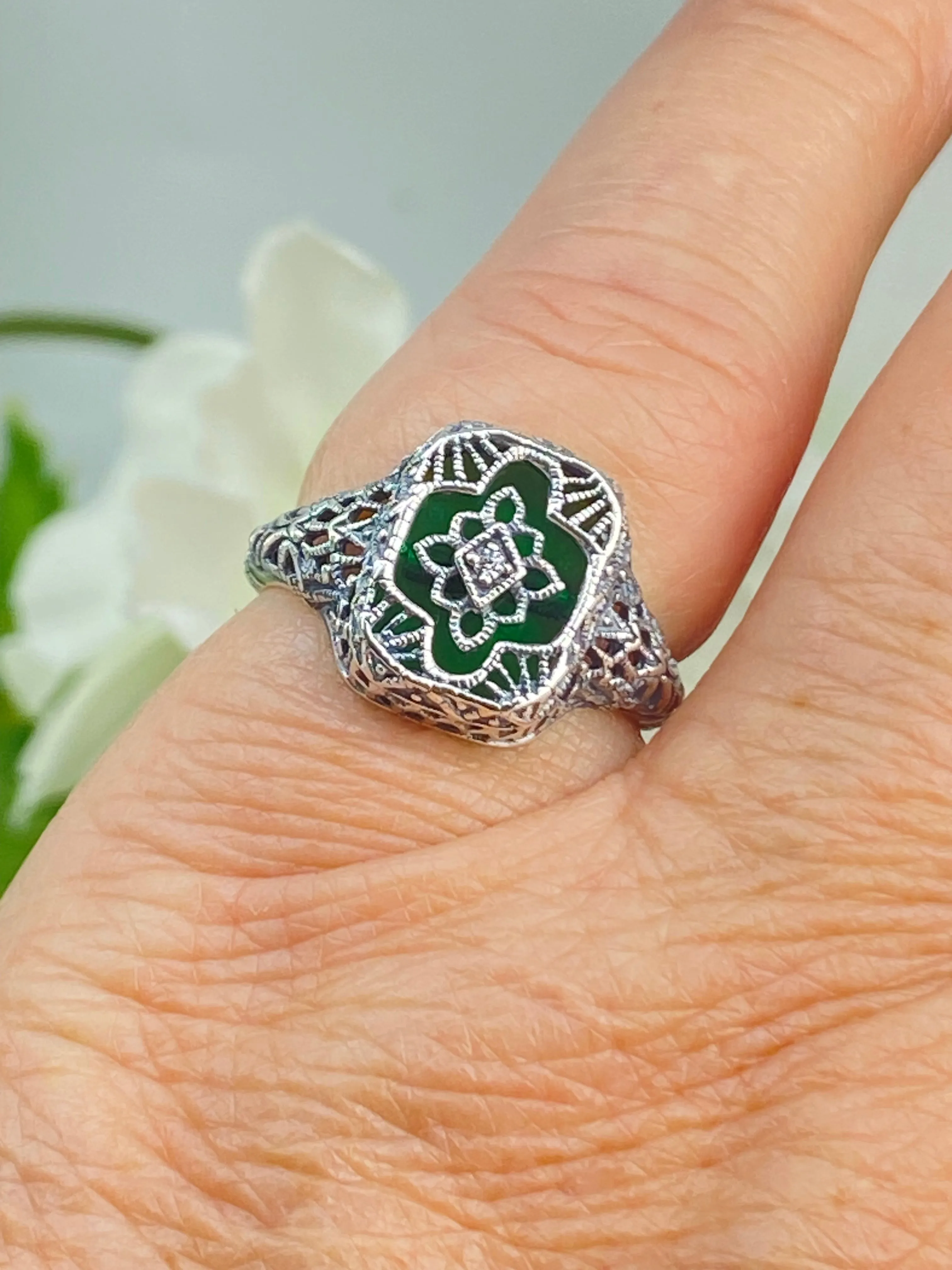 Emerald Glass Ring, Emerald Green Camphor Glass, Art Deco Filigree Jewelry, #D204