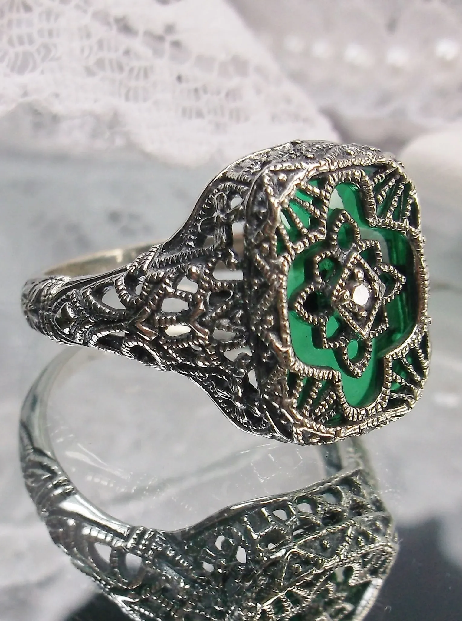 Emerald Glass Ring, Emerald Green Camphor Glass, Art Deco Filigree Jewelry, #D204