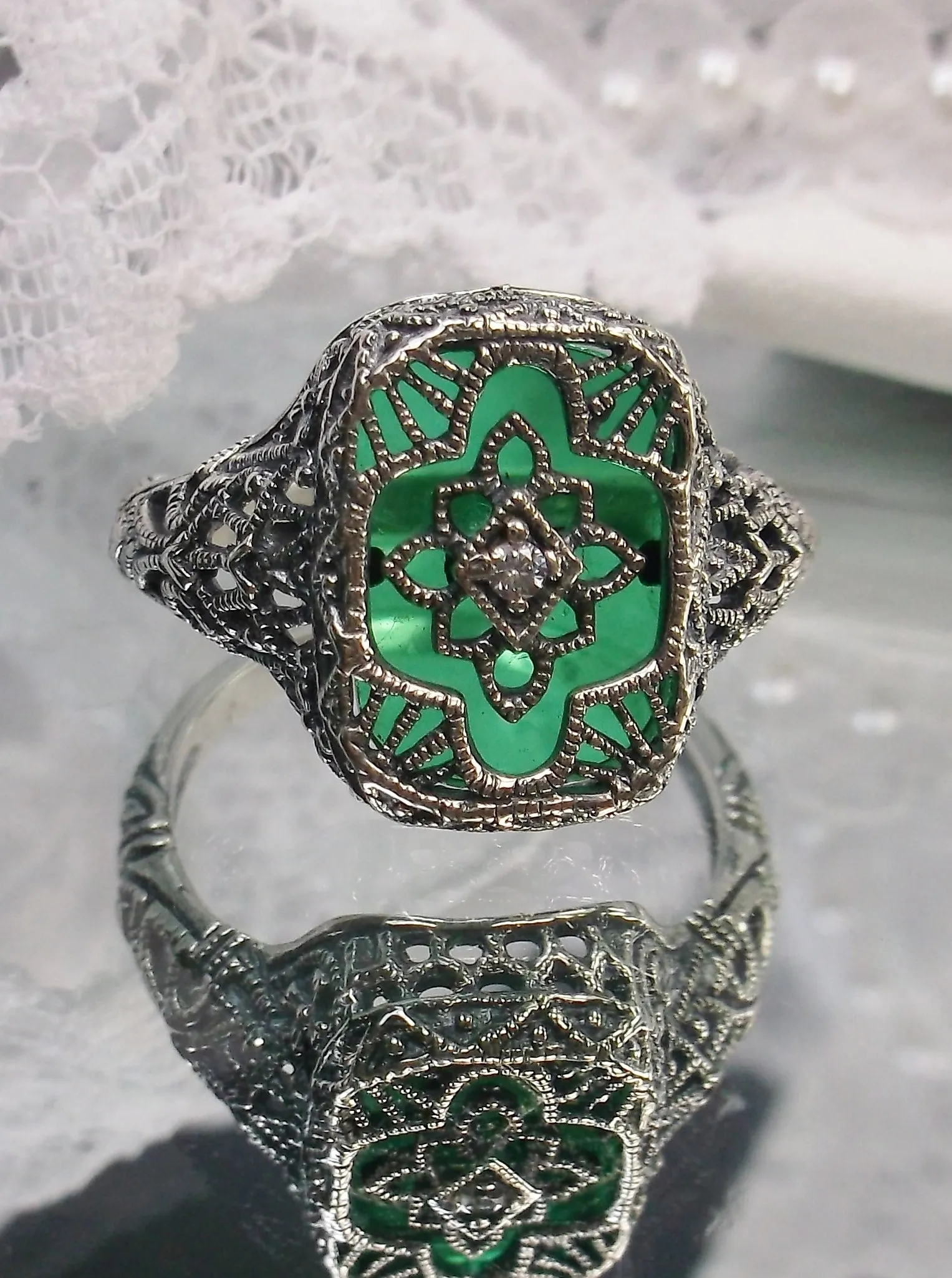 Emerald Glass Ring, Emerald Green Camphor Glass, Art Deco Filigree Jewelry, #D204