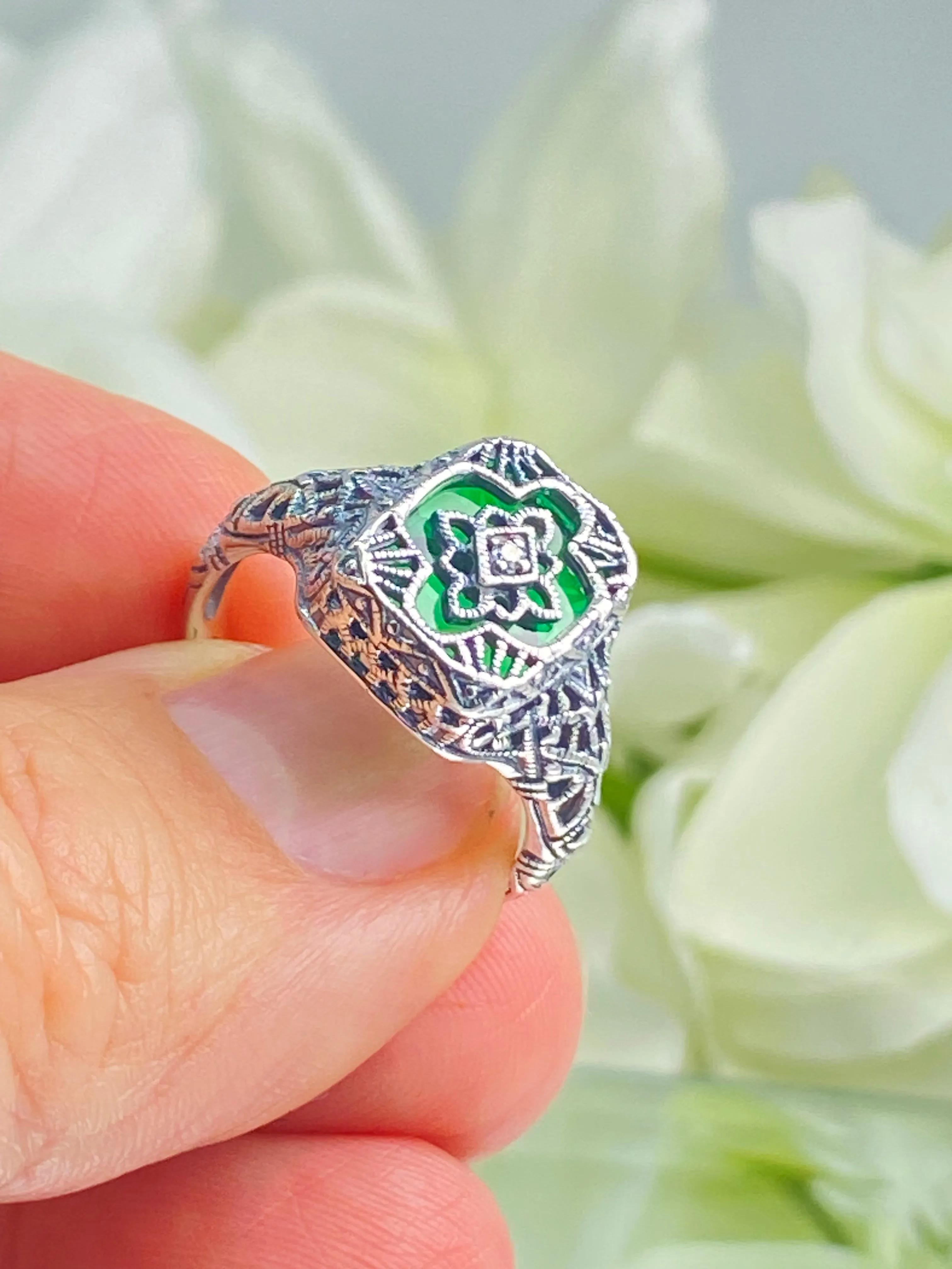 Emerald Glass Ring, Emerald Green Camphor Glass, Art Deco Filigree Jewelry, #D204
