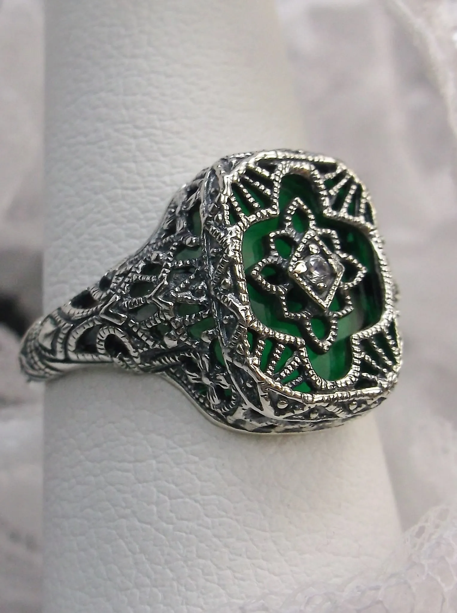 Emerald Glass Ring, Emerald Green Camphor Glass, Art Deco Filigree Jewelry, #D204