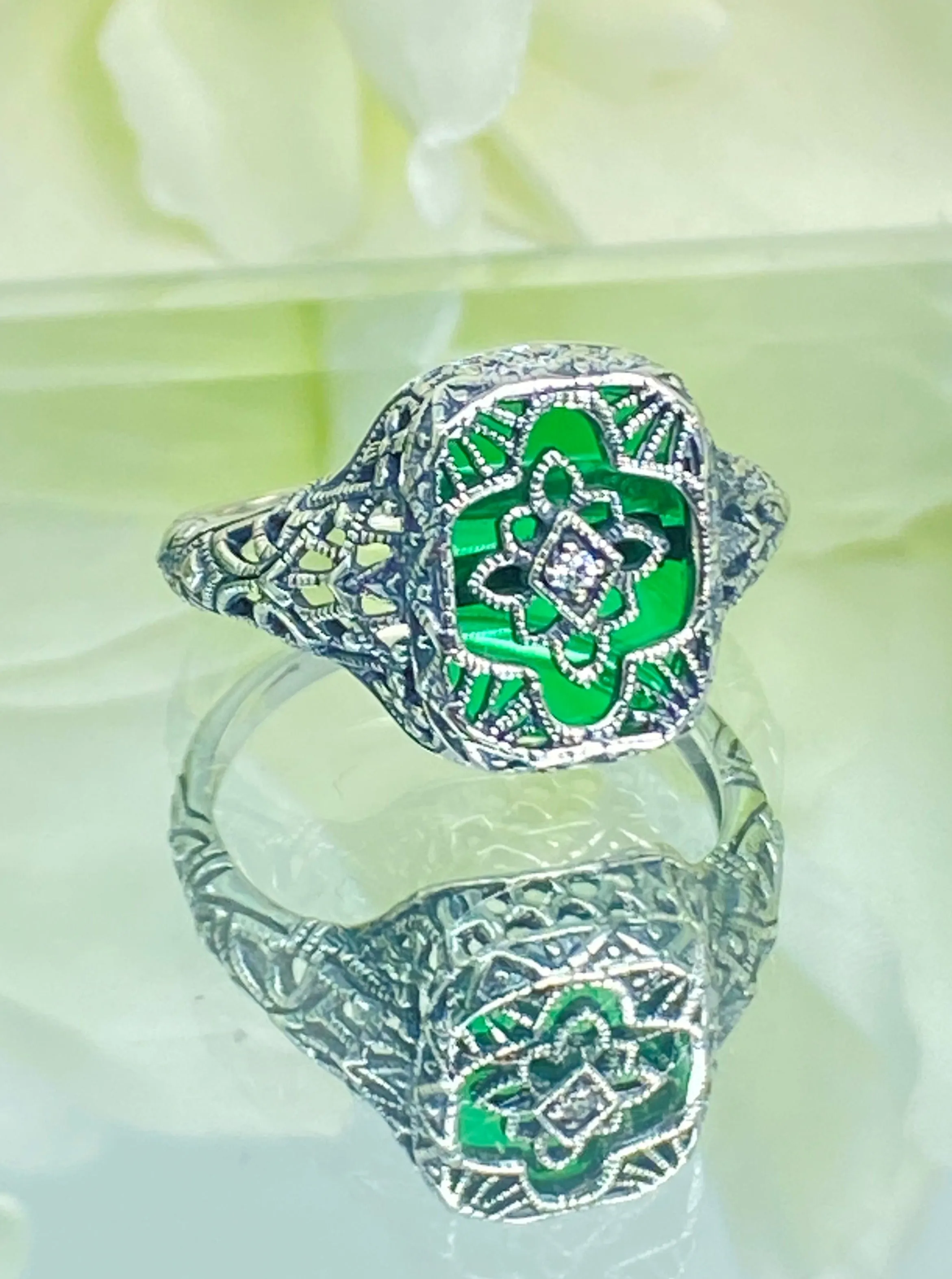 Emerald Glass Ring, Emerald Green Camphor Glass, Art Deco Filigree Jewelry, #D204