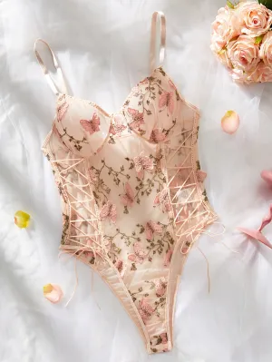Enchanting Butterfly Embroidered Strappy Teddy Bodysuit - Seductive Lingerie for Women
