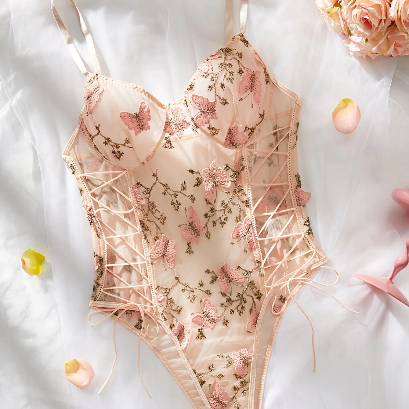 Enchanting Butterfly Embroidered Strappy Teddy Bodysuit - Seductive Lingerie for Women