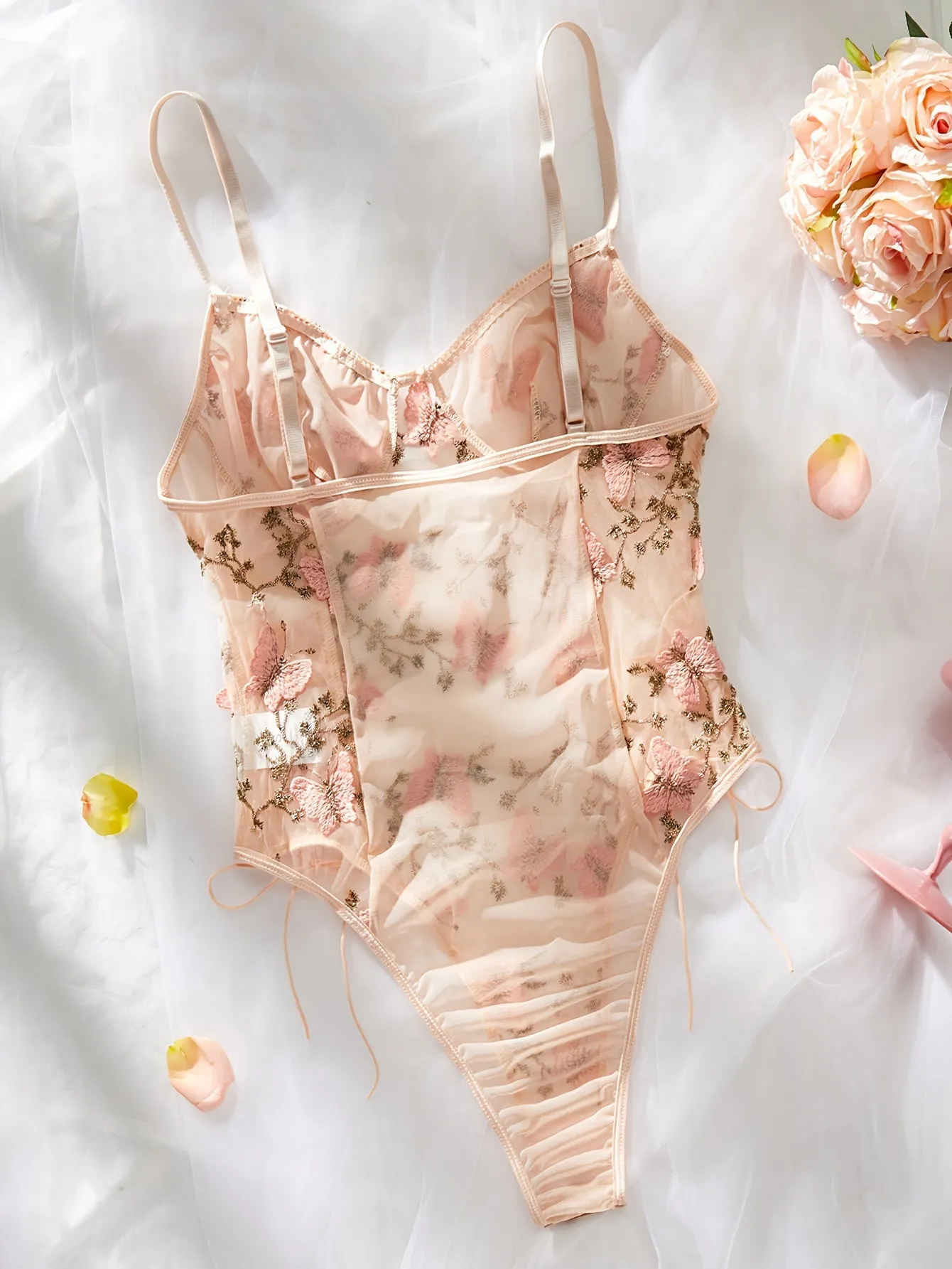 Enchanting Butterfly Embroidered Strappy Teddy Bodysuit - Seductive Lingerie for Women