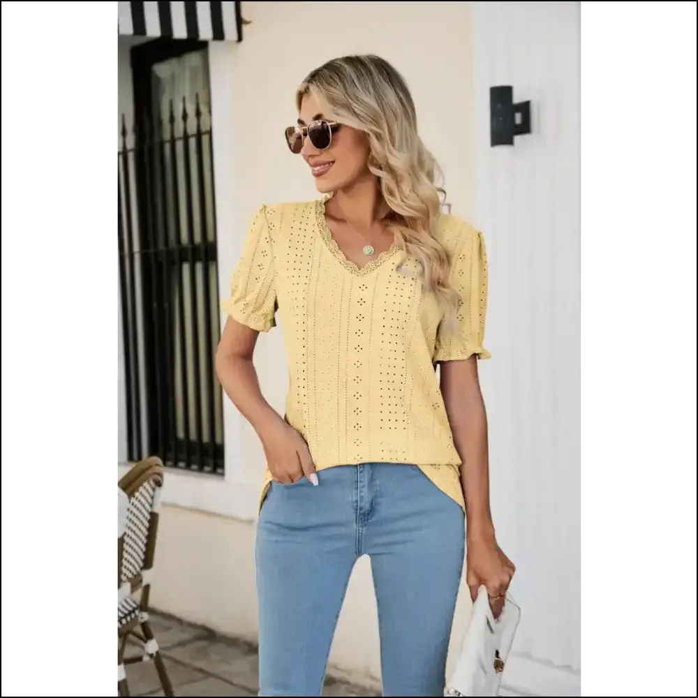 Flirty Eyelet Flounce Sleeve V-Neck Top