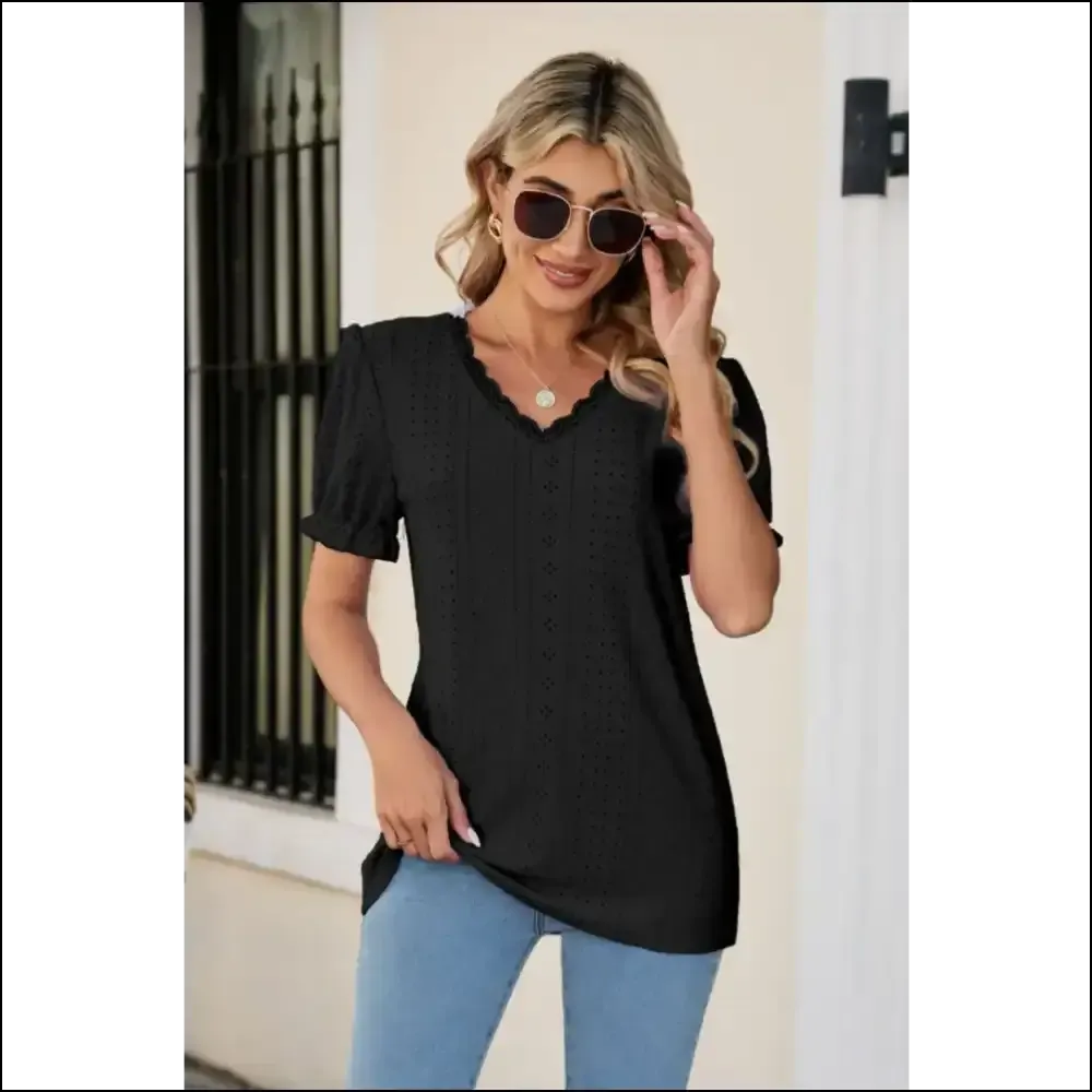 Flirty Eyelet Flounce Sleeve V-Neck Top