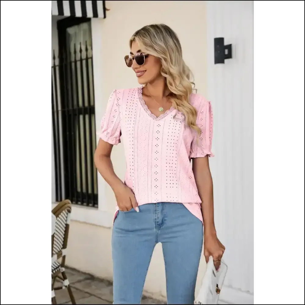 Flirty Eyelet Flounce Sleeve V-Neck Top