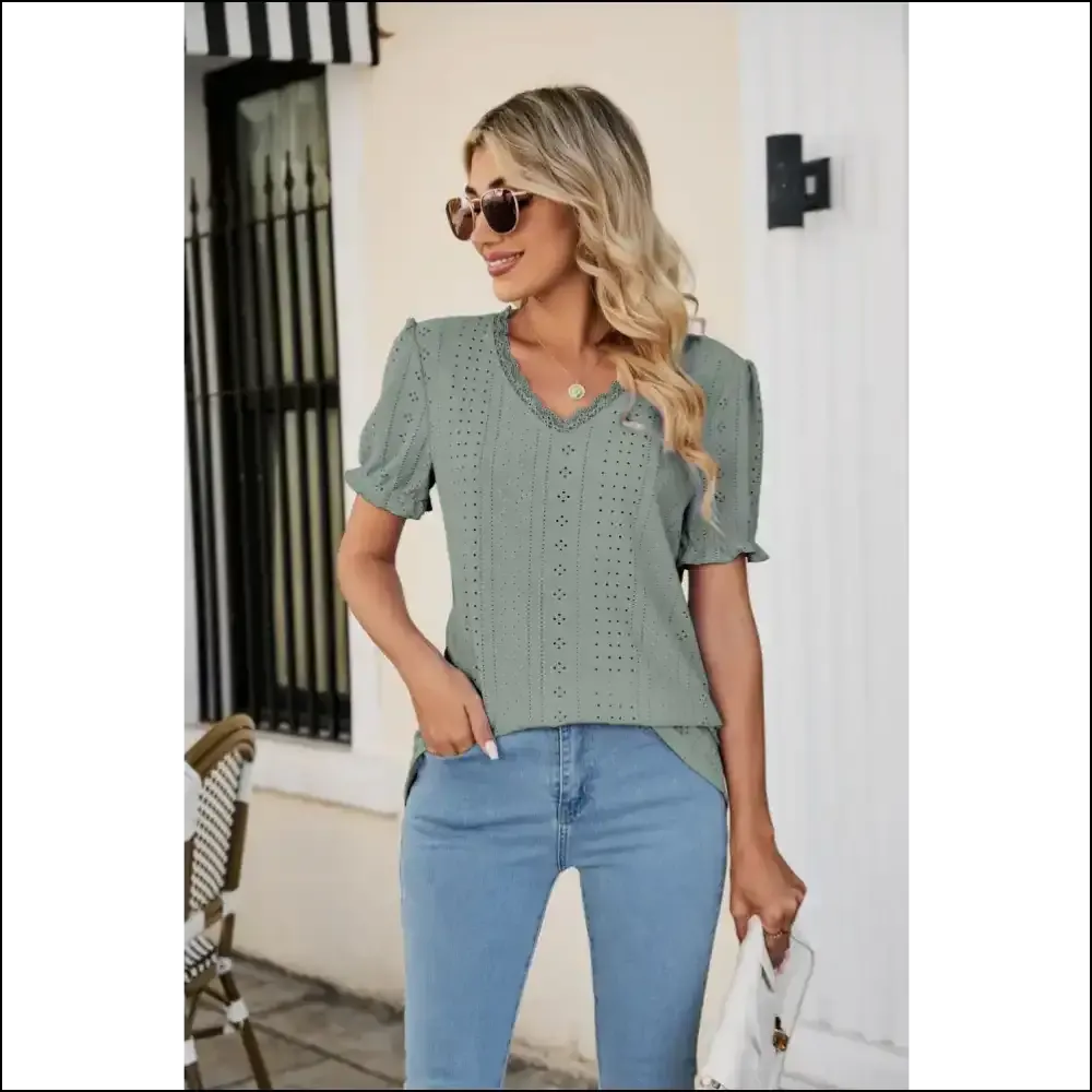 Flirty Eyelet Flounce Sleeve V-Neck Top