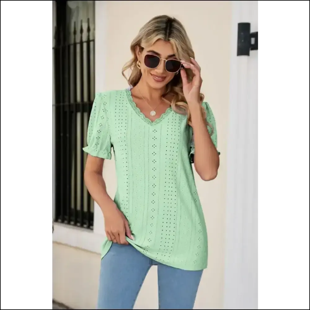 Flirty Eyelet Flounce Sleeve V-Neck Top