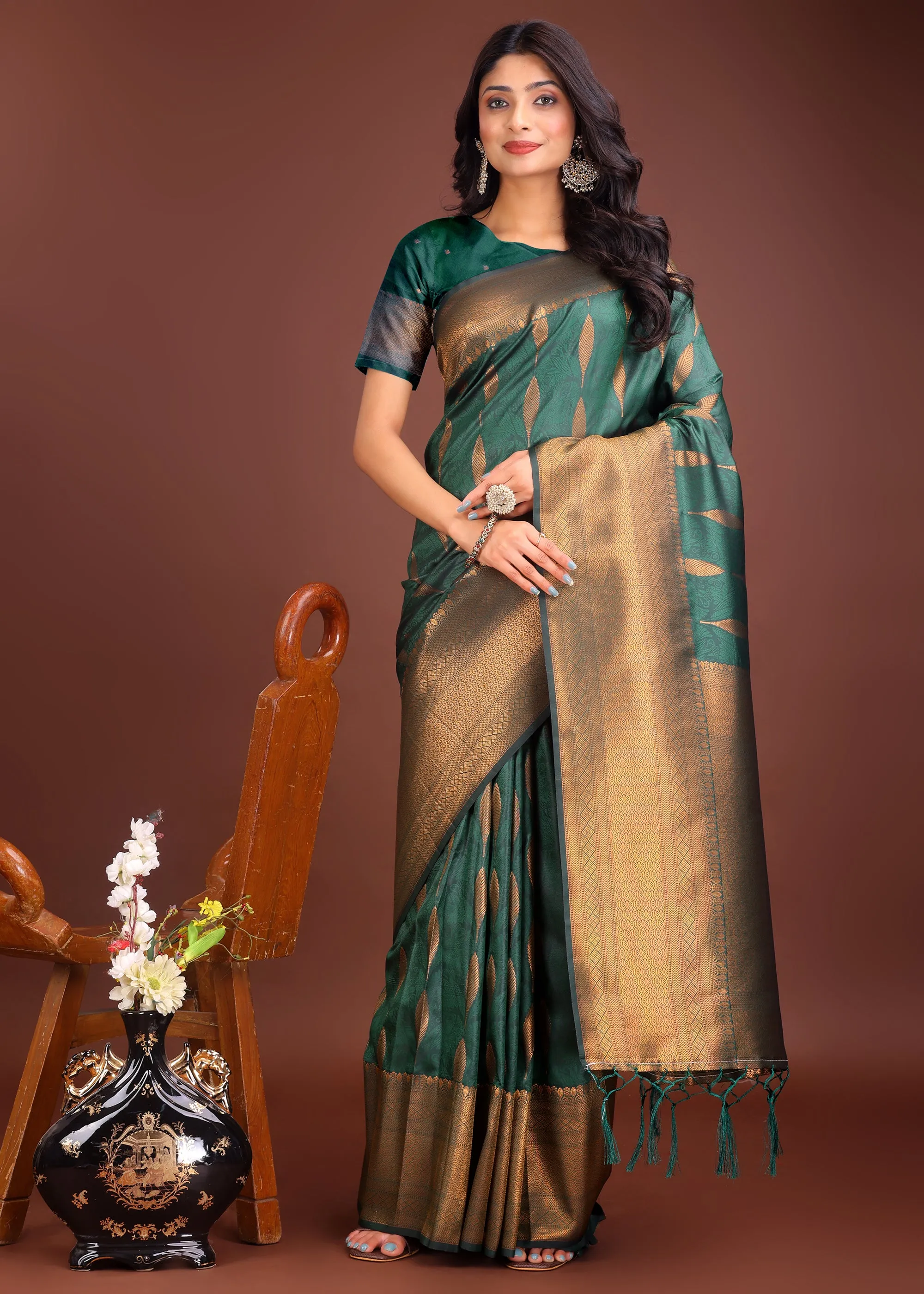 Forest Green Woven Banarasi Silk Saree